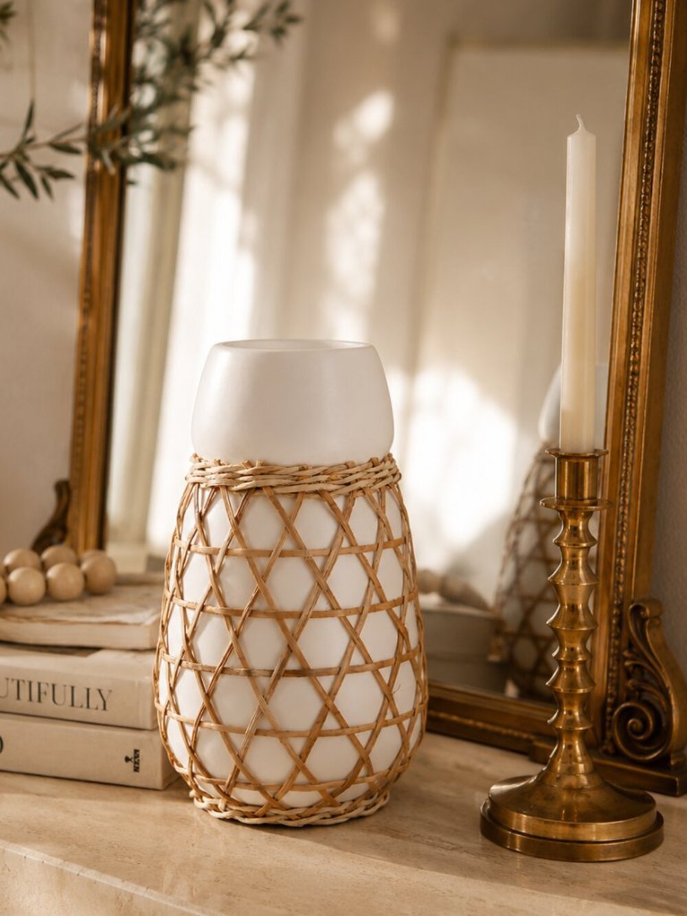 Modern Organic White Ceramic Hand-Wrapped Rattan Vase 9"